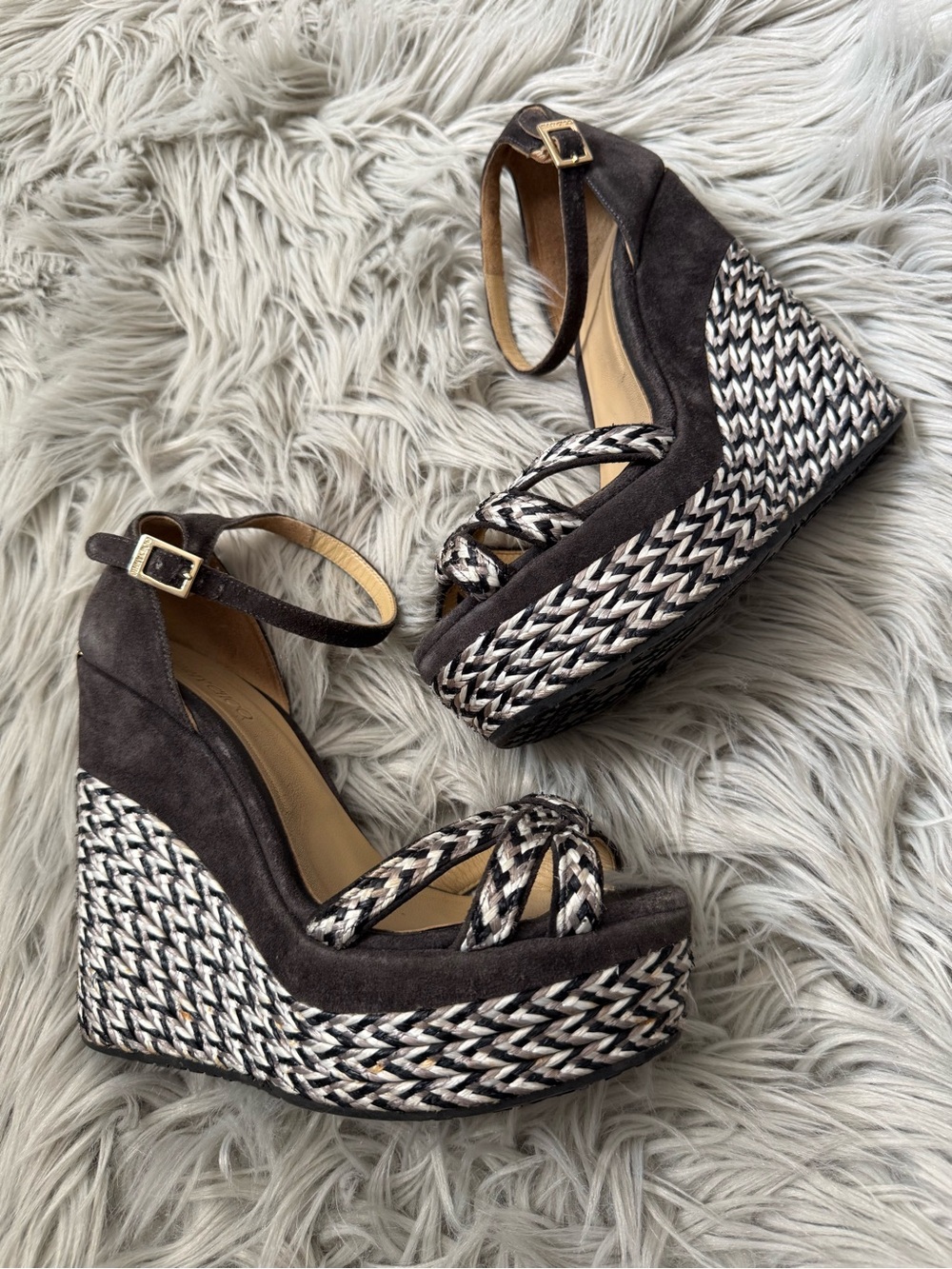 JIMMY CHOO Wedge Sandals Braided Raffia Leather Ankle Strap Size 39